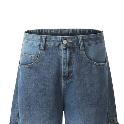 Blue Light Washed Jeans Balloon Shape Fashion Pleated Loose Wide Leg Big Pockets Vintage Straight Style for Winter Denim