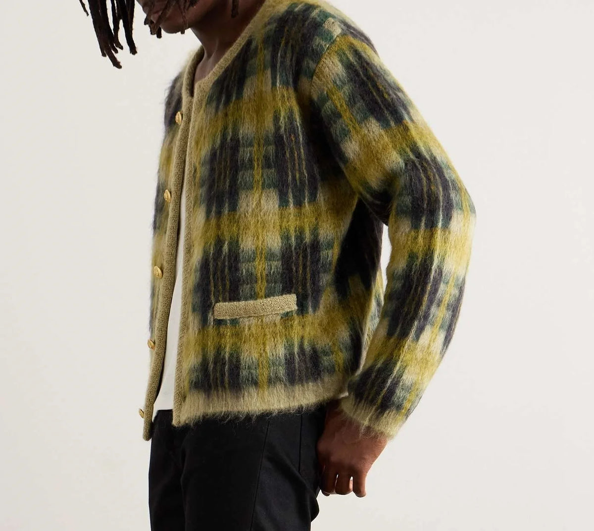 Men's Fashionable V-Neck Furry Mohair Sweater Cardigan Pockets Brushed Jacquard Knit Winter Pattern