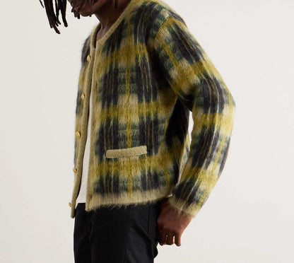 Men's Fashionable V-Neck Furry Mohair Sweater Cardigan Pockets Brushed Jacquard Knit Winter Pattern