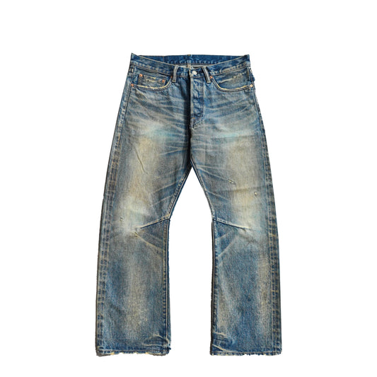 Autumn Vintage Jeans Pants Private Label Boot Cut Style with Mid Waist Baggy Fit Selvedge Denim Button Washed Distressed Print