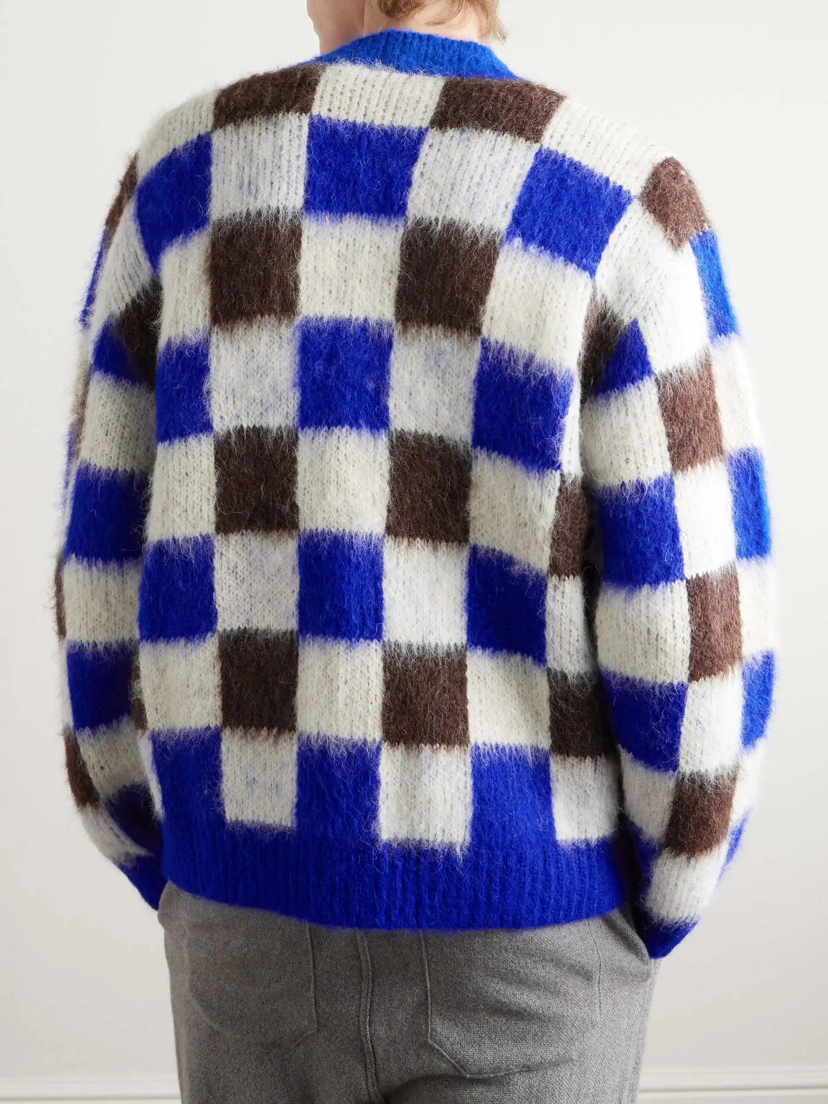 Square Color Blocking Design Mohair Cardigan Sweater Knitted Casual Fashion for Winter