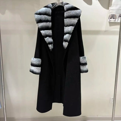 Winter High-End Double-Sided Cashmere Coat With Fox Fur Collar and Belt Mid-Length Fur Coat for Women