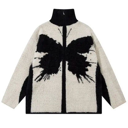 Zipper Knit Jacket Fluffy Butterfly Jacquard Sweater Cardigan Winter Warm Men's Sweater Jacket
