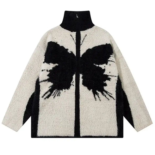 Zipper Knit Jacket Fluffy Butterfly Jacquard Sweater Cardigan Winter Warm Men's Sweater Jacket
