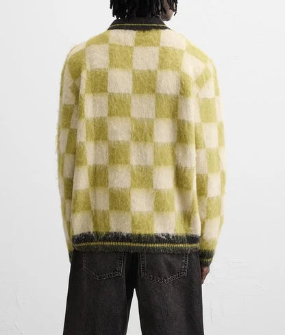 Casual Fashion Men's Long Sleeve Fluffy Mohair Sweater Square Pattern Color Blocking Design Knitted Pullover
