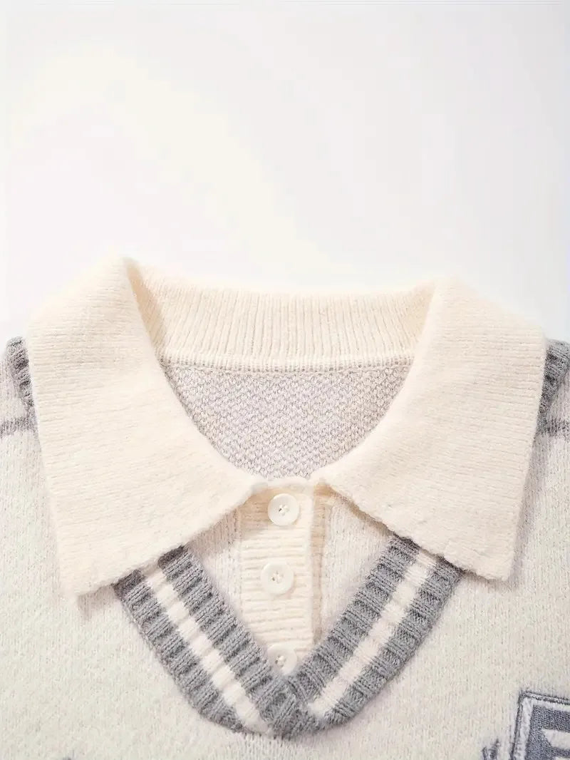 Embroidered Casual College Style POLO Knit Sweater Long Sleeve Wool Blend Unisex Sweater