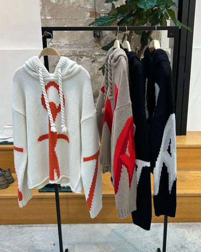 Design Pattern Name Wool Blend Hoodie Knit Sweater Long Sleeve Embroideries Jacquard Men's Knitted Hoodie