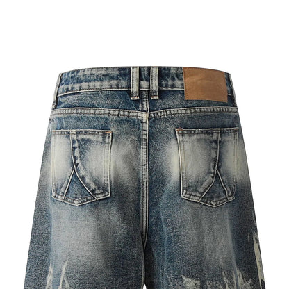 Trendy Punk Tie-Dye Jeans Pants Vibe Gradient Washed Frayed Wide-Leg Loose Straight Shorts Breathable Denim Casual Summer Style