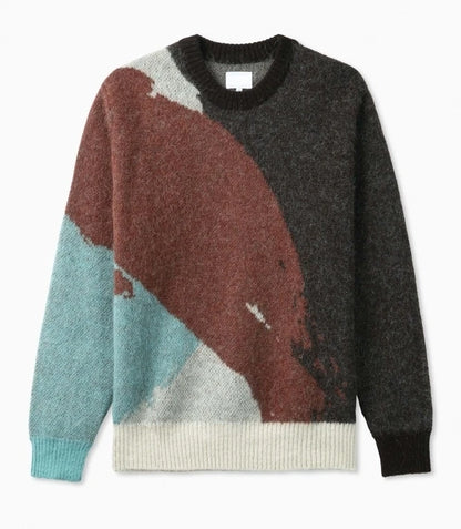 Casual Loose Furry Knit Sweater Mohair Blend Jacquard Knit Sweater for Men