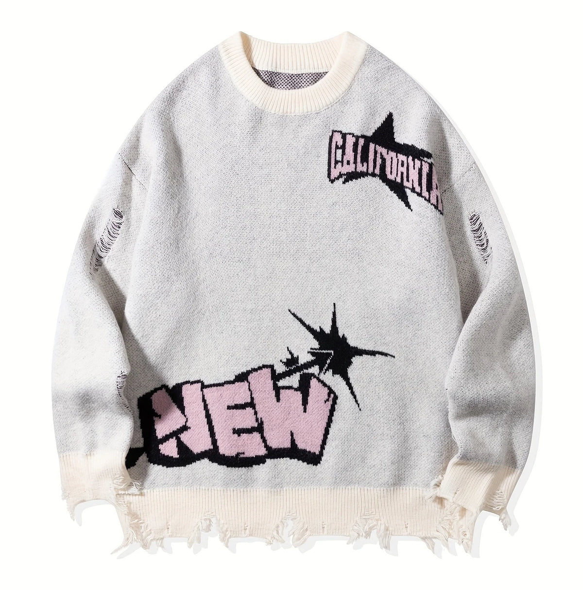 Casual Jacquard Sweater 100% Cotton Raglan Design Round Neck Loose Men's Knitted Sweater