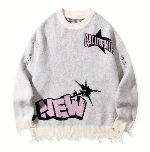 Casual Jacquard Sweater 100% Cotton Raglan Design Round Neck Loose Men's Knitted Sweater
