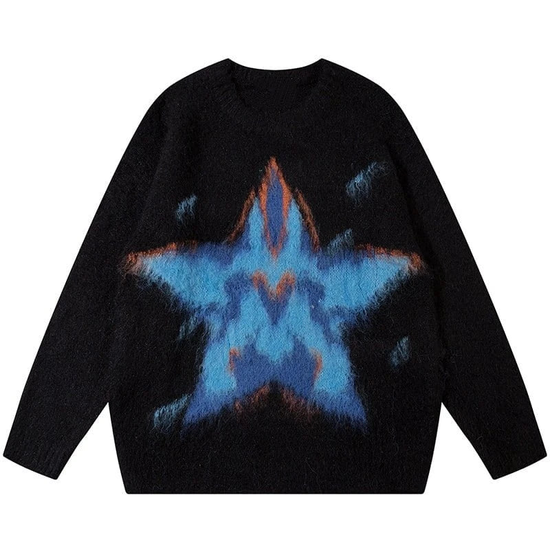 Design Pattern Mohair Blend Pullover Round Neck Long Sleeve Star Mohair Sweater for Men