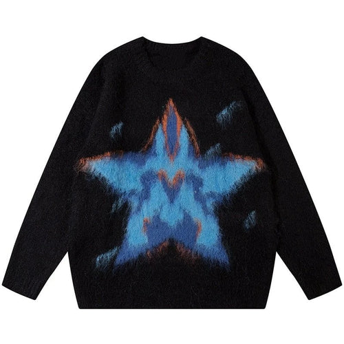 Design Pattern Mohair Blend Pullover Round Neck Long Sleeve Star Mohair Sweater for Men