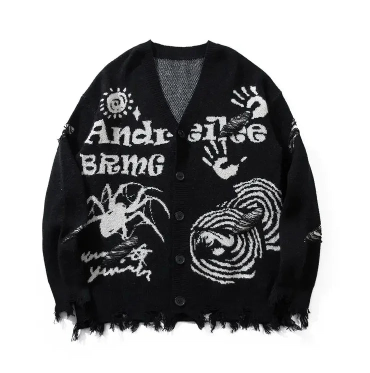 Street Style V-Neck Sweater Torn Loose Knit Cardigan Cotton Jacquard Men's Knit Cardigan
