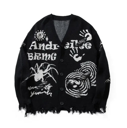 Street Style V-Neck Sweater Torn Loose Knit Cardigan Cotton Jacquard Men's Knit Cardigan