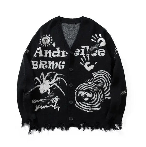 Street Style V-Neck Sweater Torn Loose Knit Cardigan Cotton Jacquard Men's Knit Cardigan
