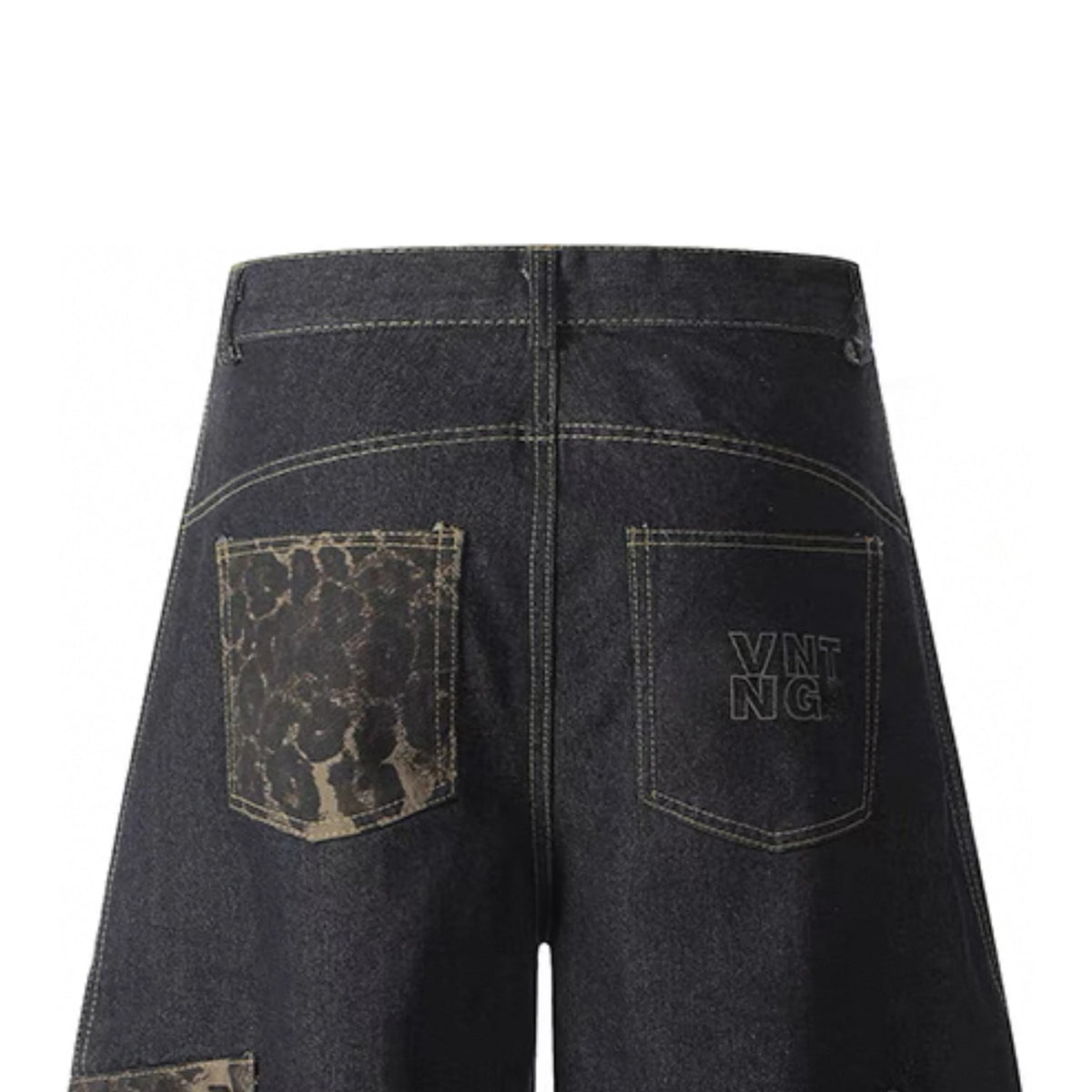 Vintage Curved Short Jeans Leopard Patchwork Breathable Mid Waist Denim Overalls for Men Cotton Summer Knitted