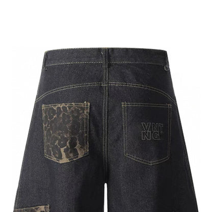 Vintage Curved Short Jeans Leopard Patchwork Breathable Mid Waist Denim Overalls for Men Cotton Summer Knitted