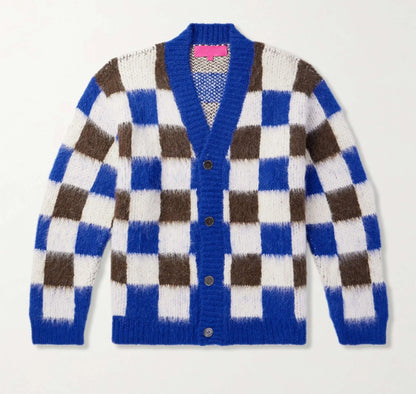 Square Color Blocking Design Mohair Cardigan Sweater Knitted Casual Fashion for Winter