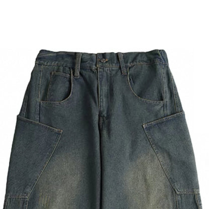 American Retro Vintage Men's Micro Flared Jeans Trendy High Street Loose Yellow Mud Dyed Washed Straight Leg Pants Denim Winter
