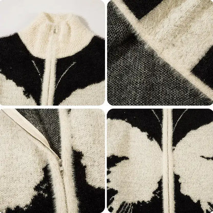 Zipper Knit Jacket Fluffy Butterfly Jacquard Sweater Cardigan Winter Warm Men's Sweater Jacket