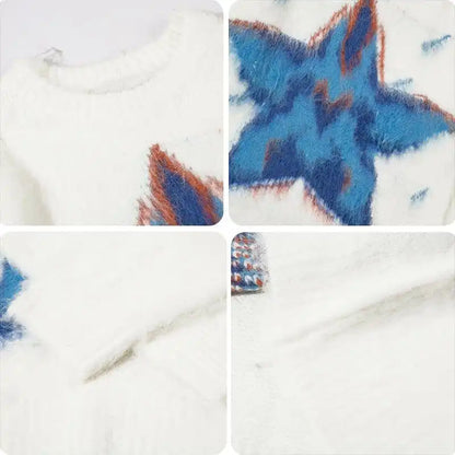 Design Pattern Mohair Blend Pullover Round Neck Long Sleeve Star Mohair Sweater for Men