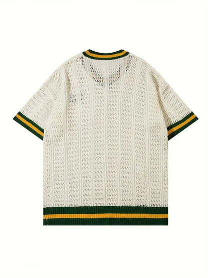 Embroidered Casual Breathable College Style V-Neck Knit 100% Cotton Short Sleeve Knit T-Shirt