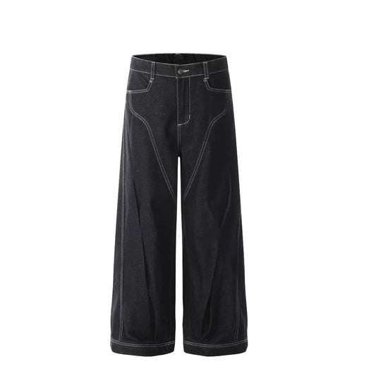 Autumn Vintage Loose Denim Men's Wide-leg Pants Comfortable Casual Mid Waist Distressed Light Washed Print Pattern for Summer