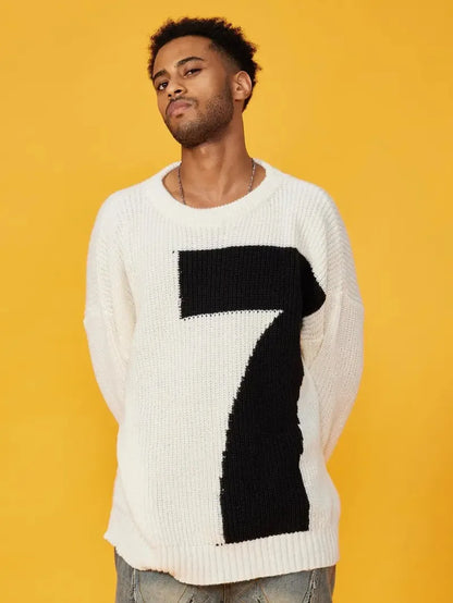 Casual Loose Knit Pullover Jacquard Letter Crew Neck Wool Blend Anti-Pilling Knit Sweater