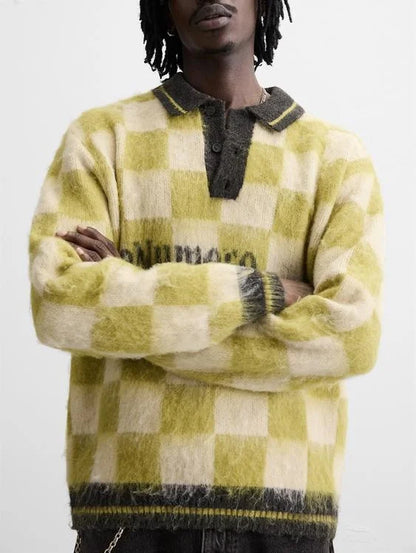 Casual Fashion Men's Long Sleeve Fluffy Mohair Sweater Square Pattern Color Blocking Design Knitted Pullover