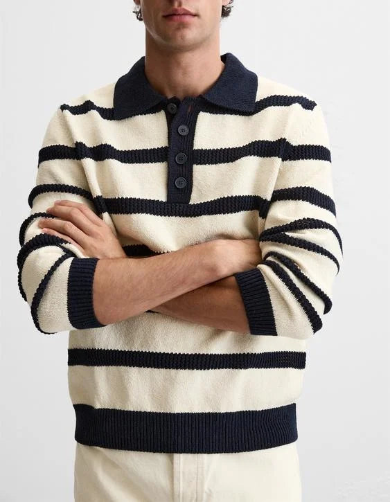 Casual Business POLO Knit Sweater Long Sleeve Stripe Design Wool Blend Knit Sweater for Men