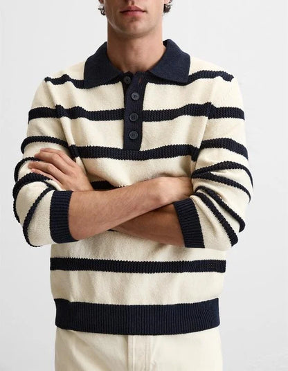 Casual Business POLO Knit Sweater Long Sleeve Stripe Design Wool Blend Knit Sweater for Men