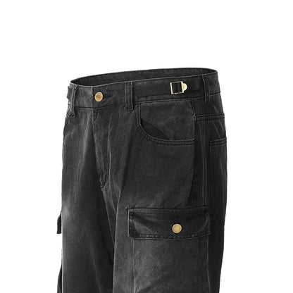 Black Enzyme Washed Men's Baggy Flared Jeans for Spring Autumn Y2K Hip Hop Streetwear Touch Button Denim Flare Pants
