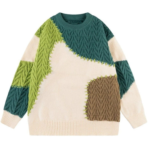 Casual Knit Pullover Colorblocked Chunky Knit Sweater Crew Neck Long Sleeve Men's Sweater