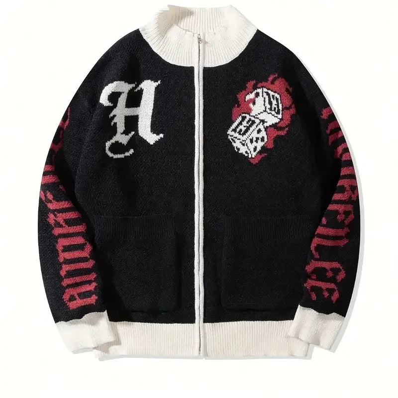 Unisex Street Style Knit Sweater Jacket Casual Loose Zipper Design Long Sleeve 100% Cotton Jacquard Pattern Knit Sweater