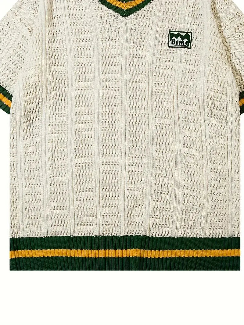 Embroidered Casual Breathable College Style V-Neck Knit 100% Cotton Short Sleeve Knit T-Shirt