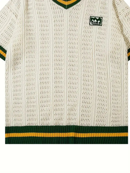 Embroidered Casual Breathable College Style V-Neck Knit 100% Cotton Short Sleeve Knit T-Shirt