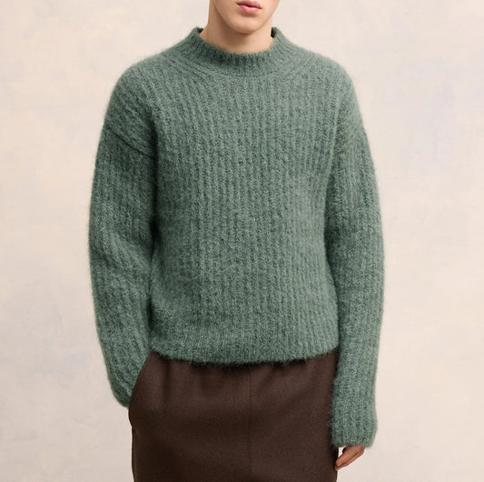 High Quality Mohair Sweater Round Neck Long Sleeve Fluffy Knit Pullover Winter Warm Men's Mohair Sweater