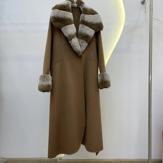 Windproof Handmade Double-sided Woolen Outwear Luxury Mid-length Women Wool Coat with Real fox Fur Collar