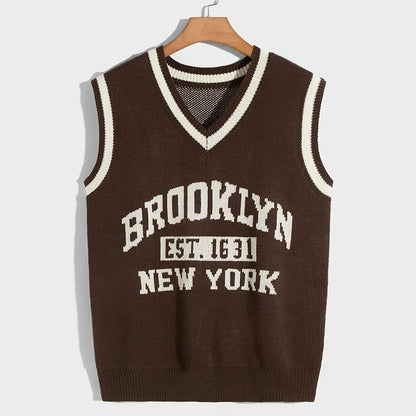Jacquard Letters Knitted Pullover Knitwear Sleeveless V Neck Knit Sweater Vest for Men