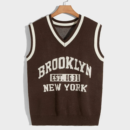 Jacquard Letters Knitted Pullover Knitwear Sleeveless V Neck Knit Sweater Vest for Men