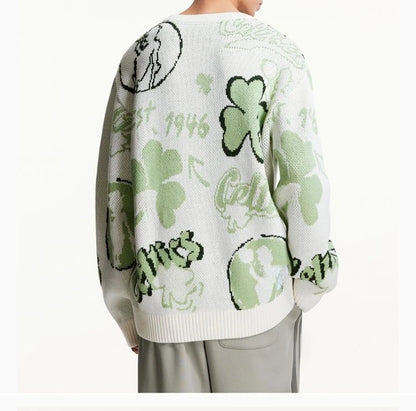 Jacquard Pattern Design 100% Cotton Knitted Pullover Sweater Loose Casual Sweater for Men