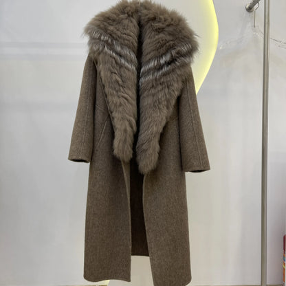 Color Fashion Outwear Big Fur Collar Design Clothing Belted Cashmere Wool Plus Long Coat for Ladies