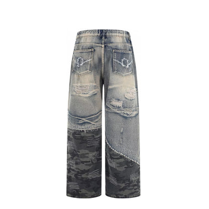 2025 Vintage American High Street Straight Pants Camouflage Stitched Loose Denim Washed for Autumn/Winter Season
