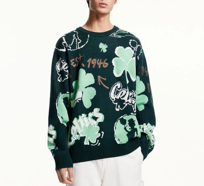 Jacquard Pattern Design 100% Cotton Knitted Pullover Sweater Loose Casual Sweater for Men