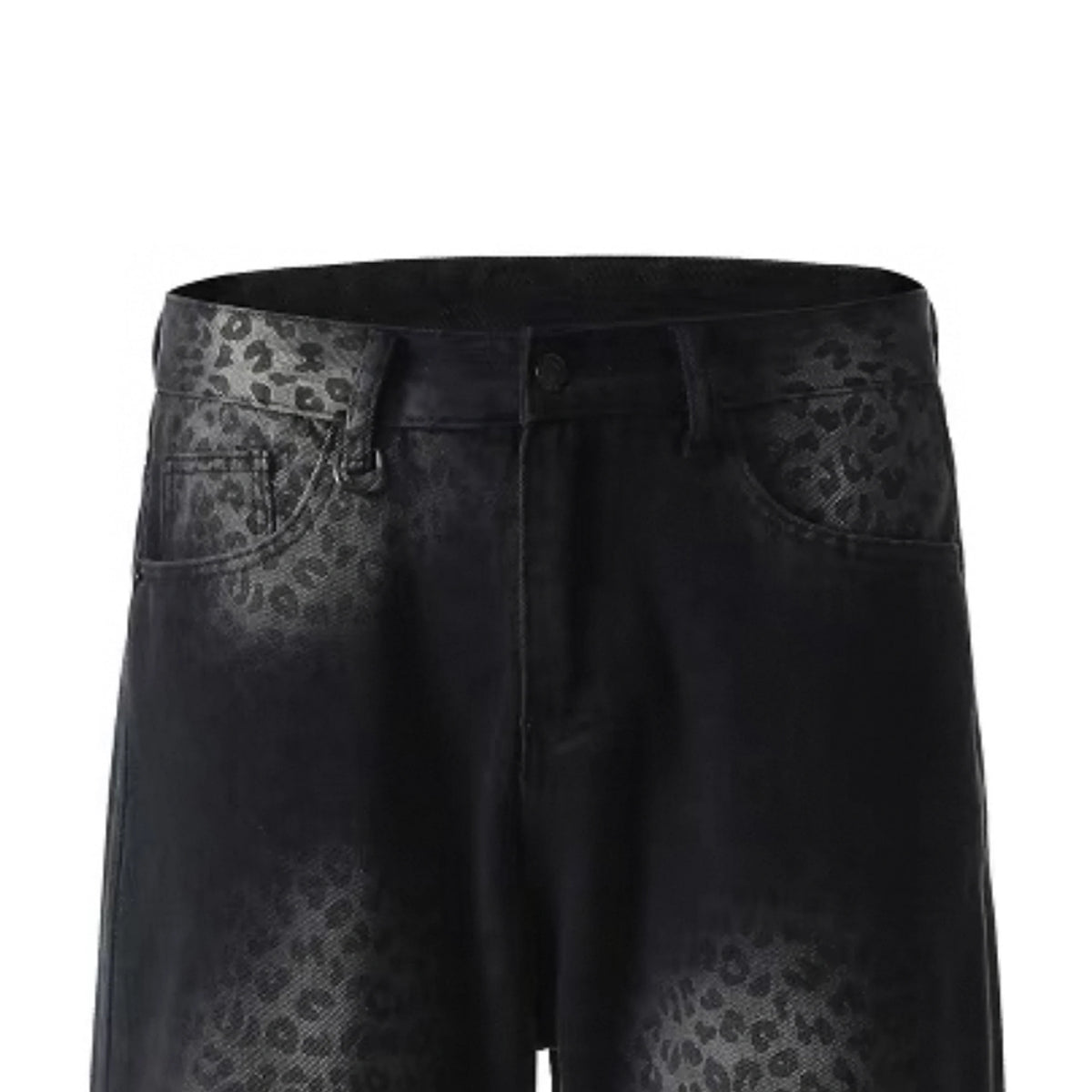 Black Wash Denim Five Pockets Wide-Leg Pants with Leopard Print Design Vintage Y2K Style Baggy Denim Jeans for Winter