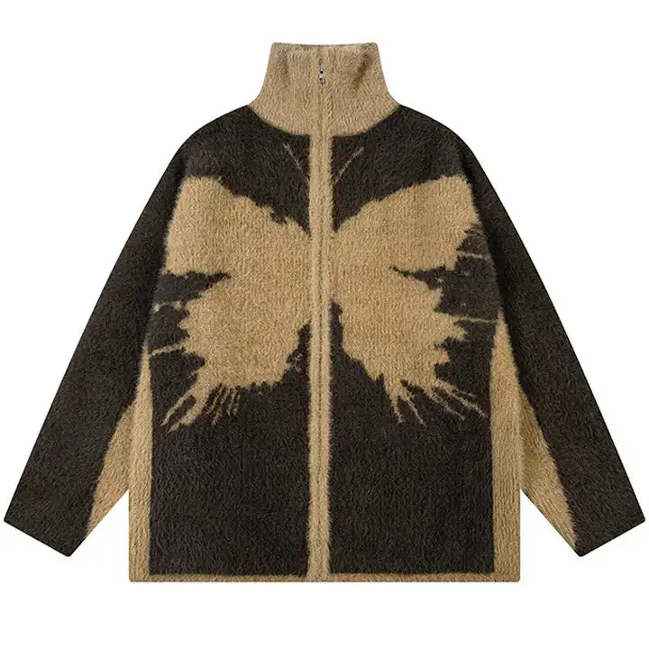 Zipper Knit Jacket Fluffy Butterfly Jacquard Sweater Cardigan Winter Warm Men's Sweater Jacket