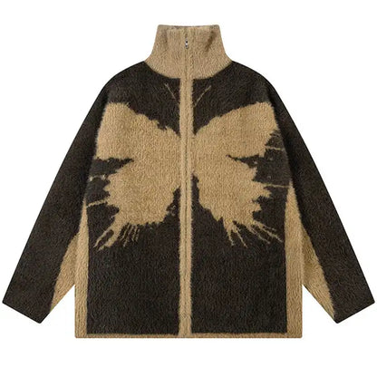Zipper Knit Jacket Fluffy Butterfly Jacquard Sweater Cardigan Winter Warm Men's Sweater Jacket
