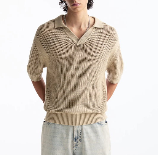 Fashion Casual V-Neck Knit T-Shirt Short Sleeve Open-Knit Polo Shirt Men's Knit Tops
