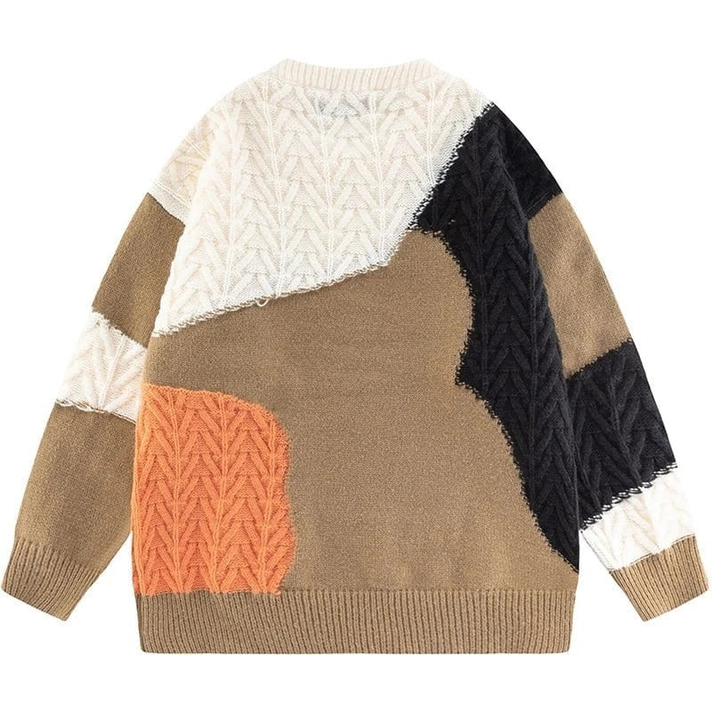 Casual Knit Pullover Colorblocked Chunky Knit Sweater Crew Neck Long Sleeve Men's Sweater